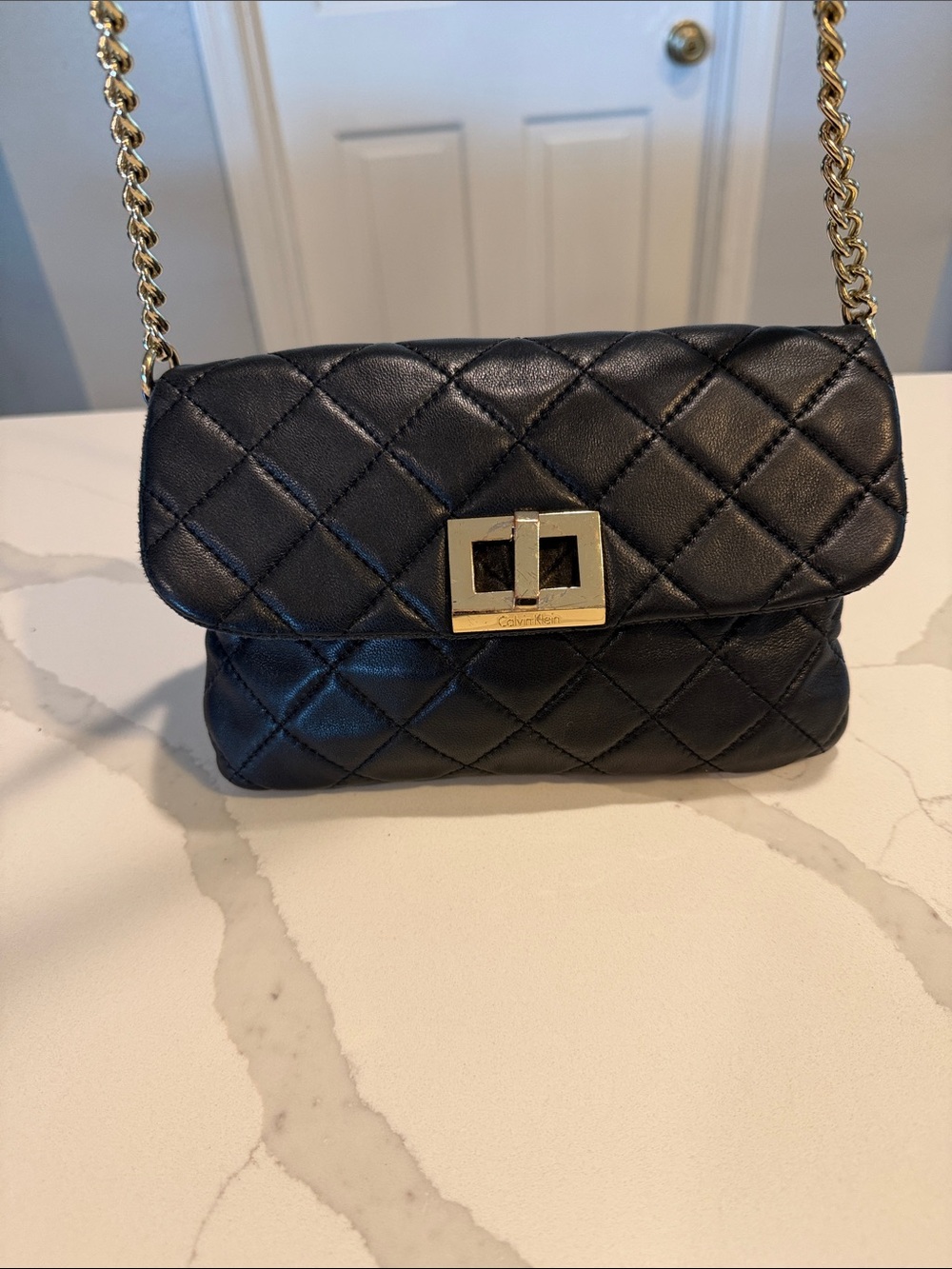 Calvin Klein Quilted Leather Black Shoulder Bag with Gold Chain Strap
